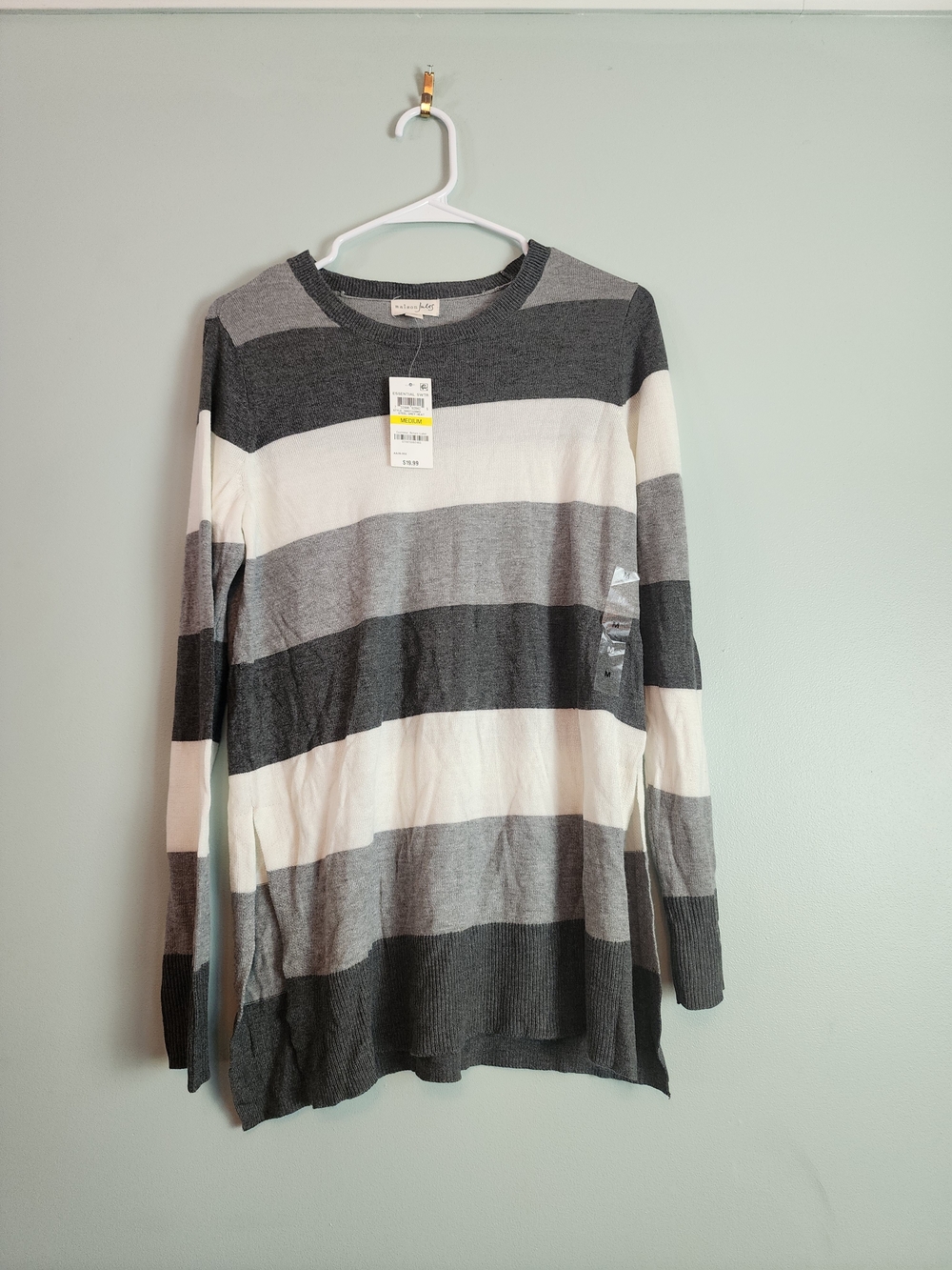 Maison Jules Gray, White & Dark Gray Striped Crewneck Sweater